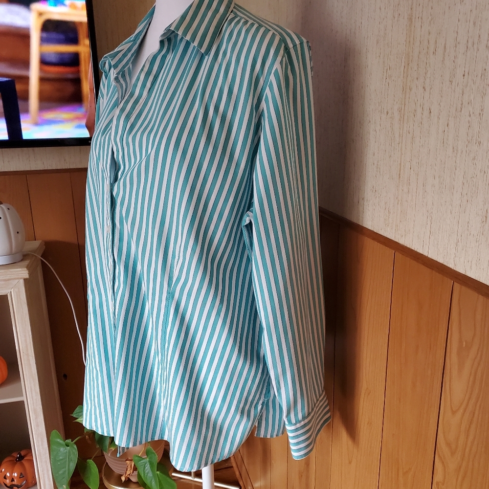 Foxcroft 100% Cotton Striped Button Down Shirt‎ Teal Green White Size XXL - Picture 13 of 15